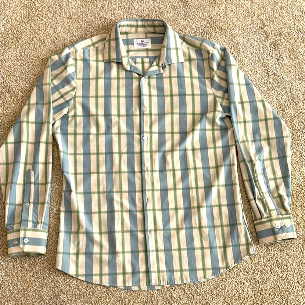 Mizzen + Main Large Trim Fit Men's Green and Cream Plaid Long Sleeve Shirt